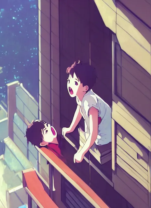 Image similar to boy shouting at the girl above on the balcony, illustration concept art anime key visual trending pixiv fanbox by wlop and greg rutkowski and makoto shinkai and studio ghibli