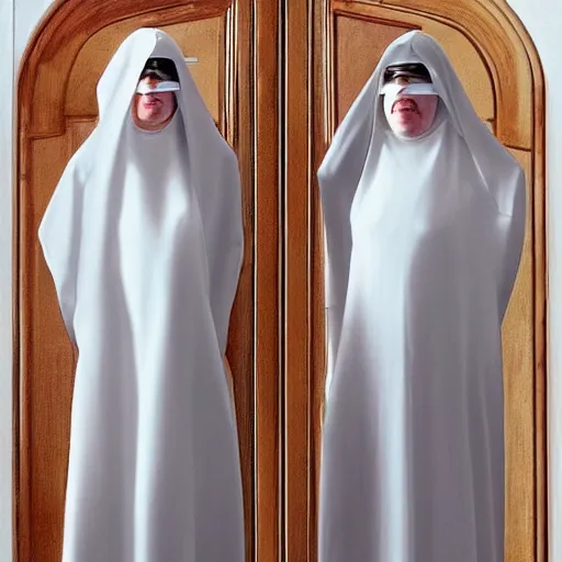 Prompt: award winning photo,two Hovering twin nuns, wearing pointed hoods, buxom chested, blindfolded, wearing translucent veils, see through dress, Very long arms, bedroom, wood door, eerie, frightening, standing at the foot of your bed, highly detailed, photorealistic, colorized —width 1024 —height 1024