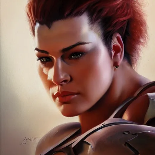 Image similar to detailed portrait of zarya from overwatch, intricate, hyper detailed, realistic, oil painting, by julie bell, frank frazetta, cinematic lighting