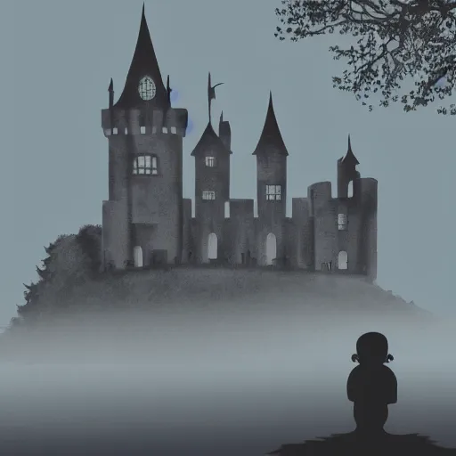 Image similar to a dark vallcy with a huge gloomy castle, fog. a little boy and a black cat