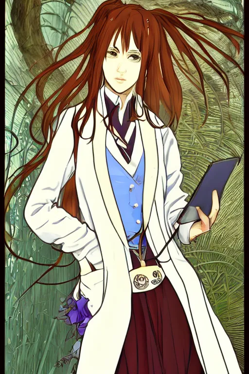 Image similar to Kurisu Makise in long lab coat tonemapped in the style of Ayami Kojima and Alphonse Mucha