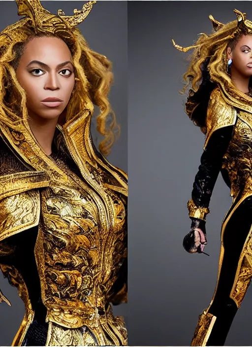 Image similar to beyonce photoshoot as a powerful anime boss villain, realistic, intricate, hyper detailed, overpowered, all gold, renaissance style clothes, highly detailed, high resolution, highly realistic, 8 k 4 k