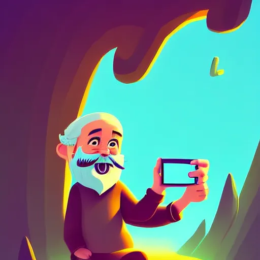 Image similar to curled perspective digital art of a cute smiling beard grandpa cartoon character taking a photo to a baby girl by anton fadeev