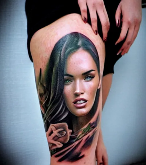 Image similar to double exposure effect tattoo design sketch of megan fox with beautiful mountain scenery, realism tattoo, in the style of matteo pasqualin, amazing detail, sharp