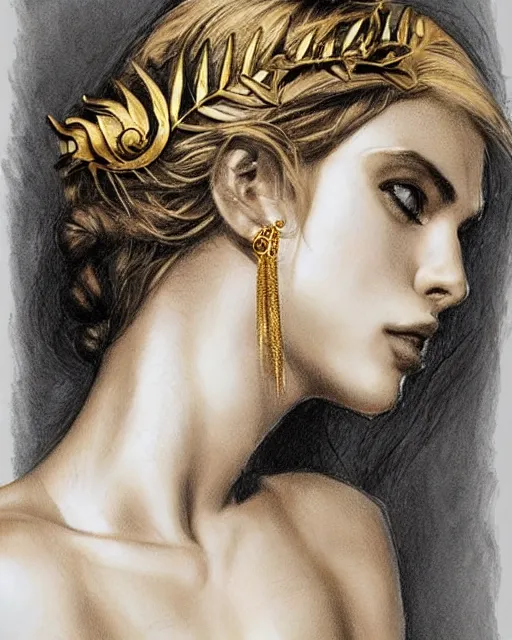 Image similar to tattoo sketch of beautiful super model aphrodite greek goddess wearing a gold laurel wreath and triangle earrings,, beautiful piercing gaze with sharp pupils, beautiful blonde hair, in the style of greg rutkowski, fantasy, amazing detail, epic, elegant, smooth, sharp focus, front view