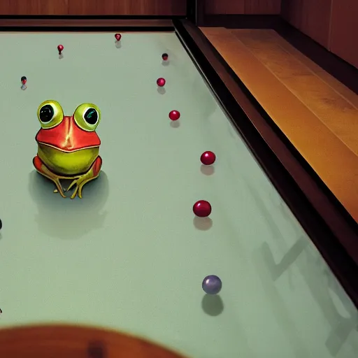 Prompt: birds - eye - view shot of a cute frog bowling with golden metall balls on a glass floor, concept art, by esao andrews, by m. w. kaluta, by pixar, volumetric light, rich colors, very humorous!!!, realistic reflections, smooth, depth perception, shallow depth of field, 4 k, unreal engine 5, artstation