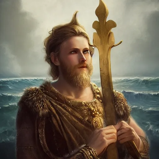 Prompt: njord viking god of wealth, swedish man dressed in viking clothes, elegant, carrying gold coins, background of ocean, tom bagshaw