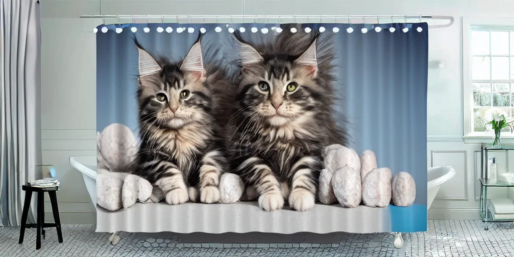 Image similar to a maine coon kitten artwork themed shower curtain, shower curtain. digital art. product photography. product lighting. 4 k, highly detailed. saturated. toy story ( film ).