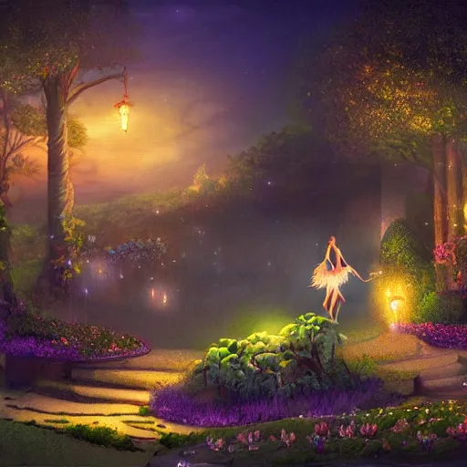 Prompt: fairy glowing magically at night concept art, realistic garden, beautiful, glorious, matte painting
