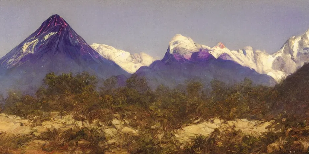 Prompt: painting of mount kinabalu, blue and purple lighting by solomon joseph solomon and richard schmid and jeremy lipking victorian genre painting full length portrait