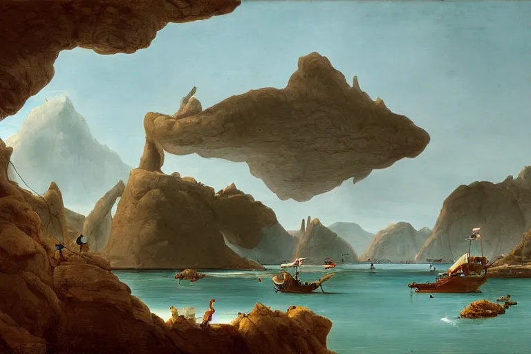 Prompt: A bizarre island landscape in the style of Dr. Seuss, boats, painting by Raphael Lacoste