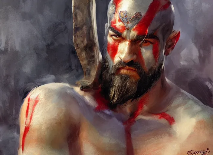 Image similar to a highly detailed beautiful portrait of antony starr as kratos, by gregory manchess, james gurney, james jean