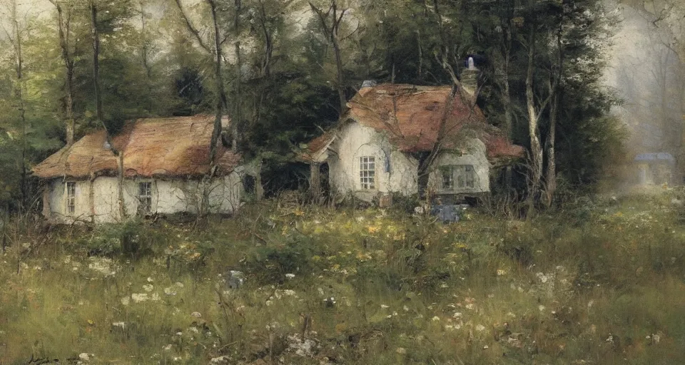 Image similar to cottage in the woods, by richard schmid