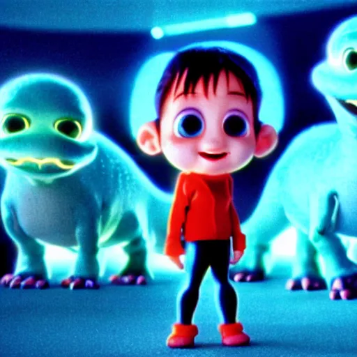 Image similar to cute smiling pixar and chibi style electric blue scaled glowing baby dinosaurs in tron movie, cinestill