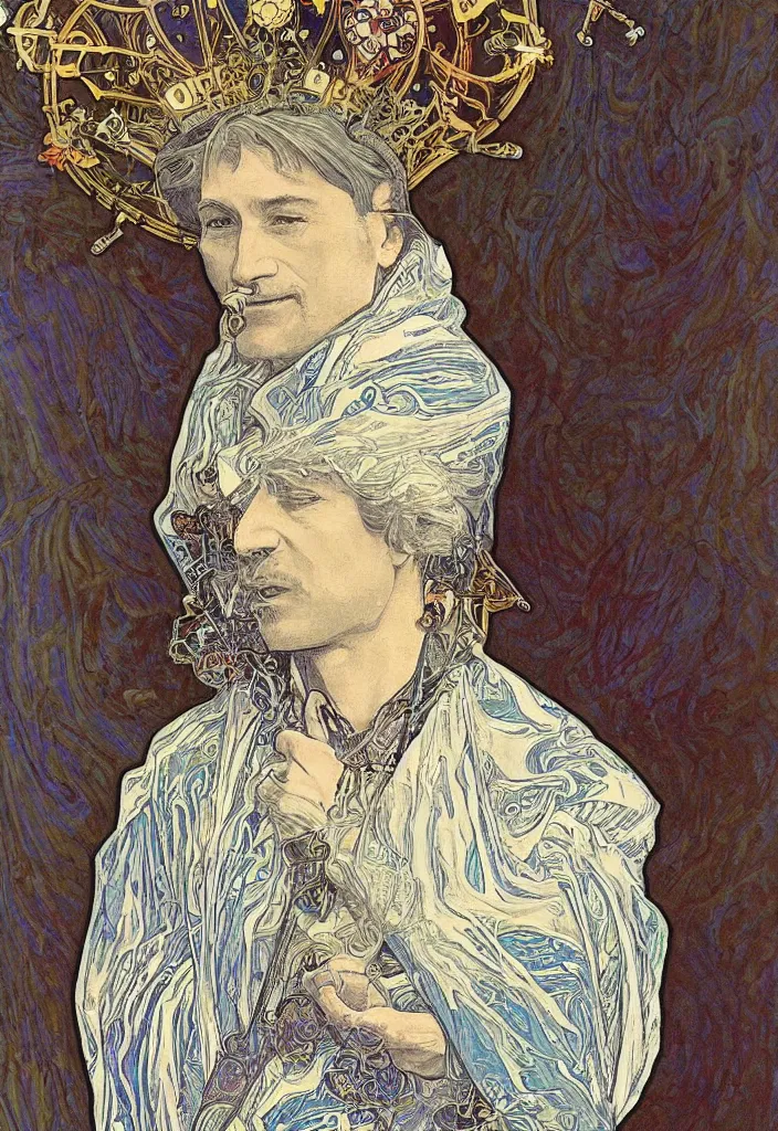 Image similar to realistic white - haired geoffrey hinton in a crown with neural networks on a tarot card, tarot in art style by alphonse mucha