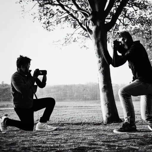 Prompt: person kneeled down taking a photograph of another person