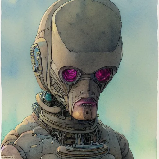 Image similar to a simple and atmospheric watercolour portrait of a pulp sci - fi alien cyborg, very muted colors, by rebecca guay, michael kaluta, charles vess and jean moebius giraud