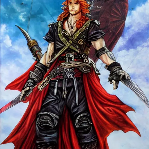 Image similar to an epic fantasy comic book style portrait painting of a long haired, red headed male sky - pirate in front of an airship in the style of yoshitaka amano