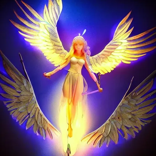 Image similar to « beautiful, divin archangel, with a sword, beautiful wings, glowing lights, detailed »