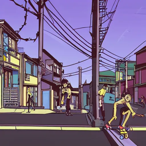 Image similar to city street, sloped street, city on tall hillside, street scene, rollerbladers grinding on rails, skaters, rollerskaters, cel - shading, 2 0 0 1 anime, flcl, jet set radio future, golden hour, japanese town, concentrated buildings, japanese neighborhood, electrical wires, cel - shaded, strong shadows, vivid hues, y 2 k aesthetic