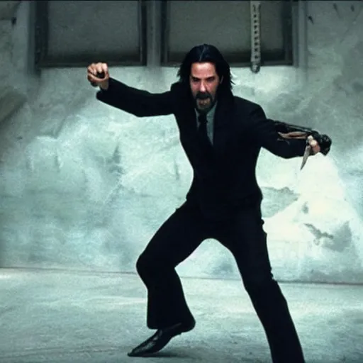 Prompt: Keanu Reeves in wolverine’s suit 4K quality