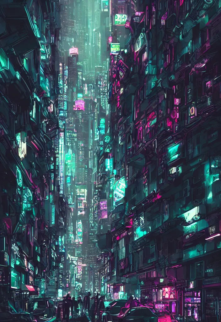 Image similar to concept art of a magnificent dark neon futuristic cyberpunk city bustling street at night cyberart in the style of liam wong