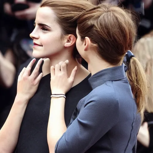 Prompt: emma watson whispering secret to a friend