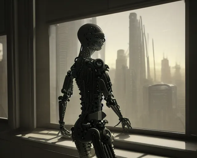 Image similar to portrait of an armored female with biomechanical cybernetic body who is drinking coffee near a window looking outside with dystopian city visible outside. very detailed 8 k. cyberpunk fantasy style. unreal engine render. global illumination. nanite. rtx. path tracing.