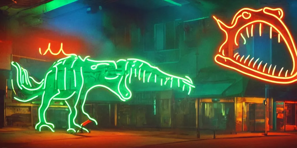 Image similar to screaming dinosaur made of neon light, 1 9 7 0 s street, neon lights, ektachrome photograph, volumetric lighting, f 8 aperture, cinematic eastman 5 3 8 4 film