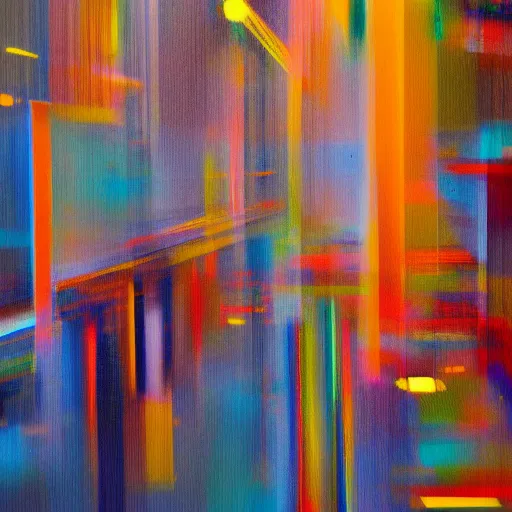 Prompt: abstract oil painting of a long exposure of a busy street