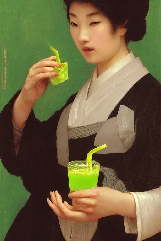 Image similar to a beautiful oriental woman, in a strict suit, distributes green lemonade with a painfully face at a children's party, highly detailed, artstation, illustration, jurgens, rutkowski, bouguereau, canon eos r 3