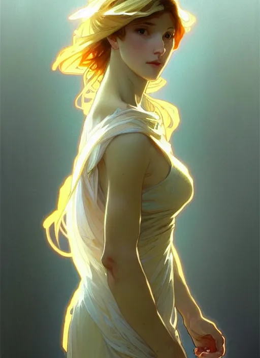 Image similar to digital character concept art by artgerm greg rutkowski alphonse mucha. clear portrait of a shy modern wife blessed by god to grow immaculately fertile and perfect!! blonde, in clothes! holy body! light effect. hyper detailed, glowing lights!! intricate, elegant, digital painting, artstation, smooth, sharp focus