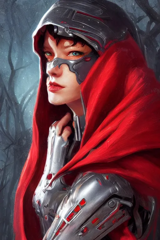 Prompt: cyborg red riding hood, d & d, fantasy, portrait, highly detailed, headshot, digital painting, trending on artstation, concept art, sharp focus, illustration, art by artgerm and greg rutkowski and magali villeneuve