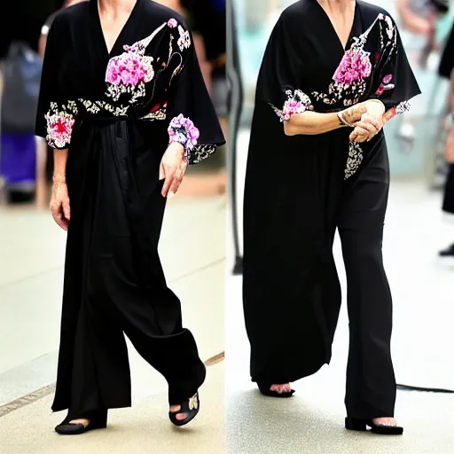 Prompt: Sharon Stone wearing a black Kimono with an intricate flower pattern, XF IQ4, f/1.4, ISO 200, 1/160s, 8K, RAW, unedited, symmetrical balance, in-frame