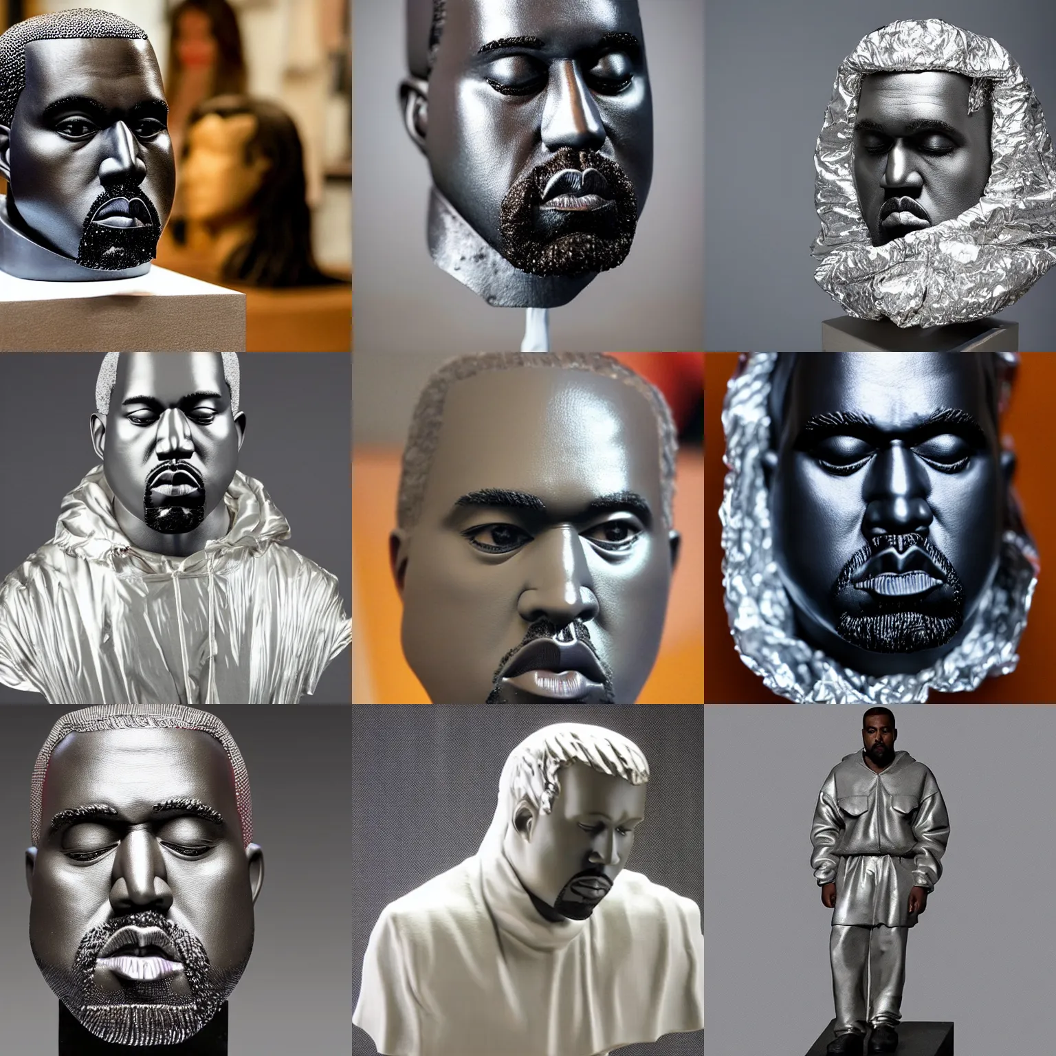 Prompt: a kanye west scultpure made out of aluminum foil, product display photograph