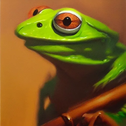 Image similar to ultra realistic portrait painting of kermit the frog, art by frank frazetta, 4 k, ultra realistic, highly detailed, epic lighting