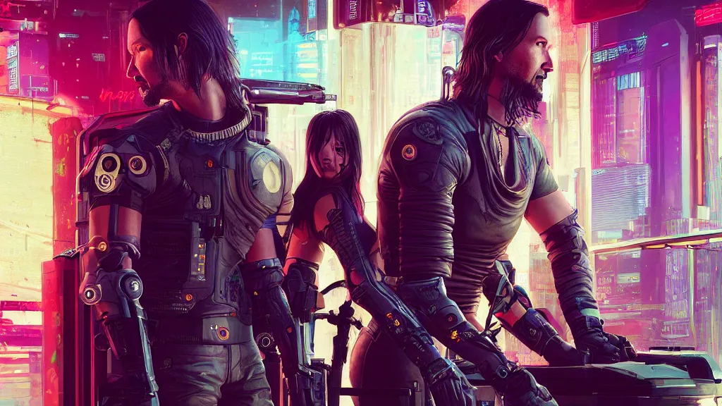 Image similar to a cyberpunk 2077 srcreenshot couple portrait of Keanu Reeves female android in love,film lighting,by Laurie Greasley,Lawrence Alma-Tadema,Dan Mumford,John Wick,Speed,Replicas,artstation,deviantart,FAN ART,full of color,Digital painting,face enhance,highly detailed,8K,octane,golden ratio,cinematic lighting