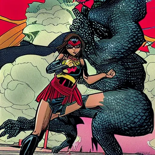 Prompt: superheroine is fighting godzilla, intricate graphical novel, very detailed, award worthy