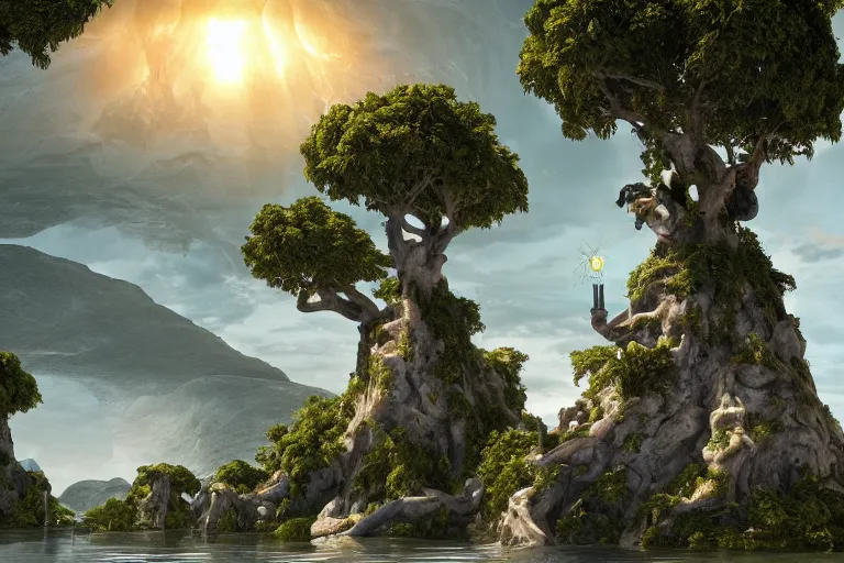 Image similar to greek god marble statue at the civilization gate,, floating islands connected with roots, avatar like landscape, high - tech space cult with trees and plants and alien flowers, dramatic lighting, epic, octane render, volumetric light, unreal engine, artbreeder, 8 k, background, scene, digital, artwork, high quality, 8 k