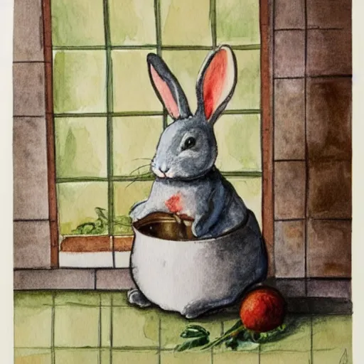 Image similar to a rabbit cooking in a french kitchen, watercolour realism