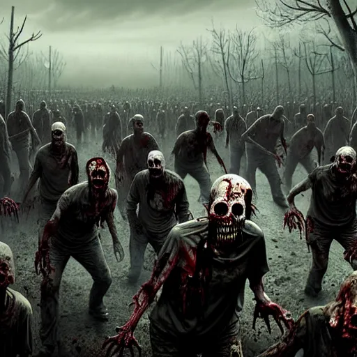 Prompt: a highly detailed scene of a zombie army, like walking dead, like night of the living dead, in the style of greg rutkowski, digital photography, photorealistic, realistic, extreme detail