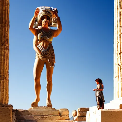 Image similar to tiny greek ancient woman in steel helmet standing on a giant greek ancient bearded man head, late afternoon light, greek temple of olympus glory island, wispy clouds in a blue sky, by frank lloyd wright and greg rutkowski and ruan jia