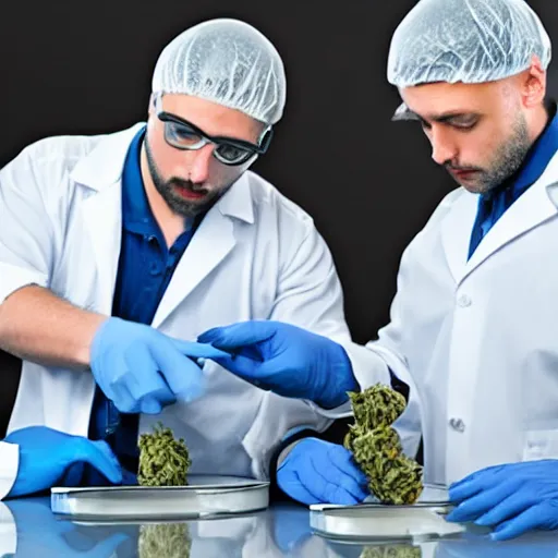 Prompt: two men in blue lab coats, pouring cannabis into metal tubes, cinematic, 4k, high detail