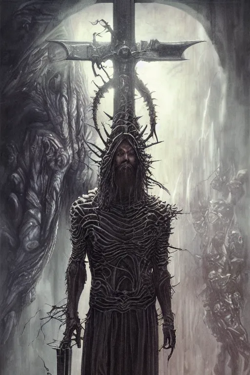 Image similar to portrait of jesus christ by hr giger, greg rutkowski, luis royo and wayne barlowe as a diablo, resident evil, dark souls, bloodborne monster