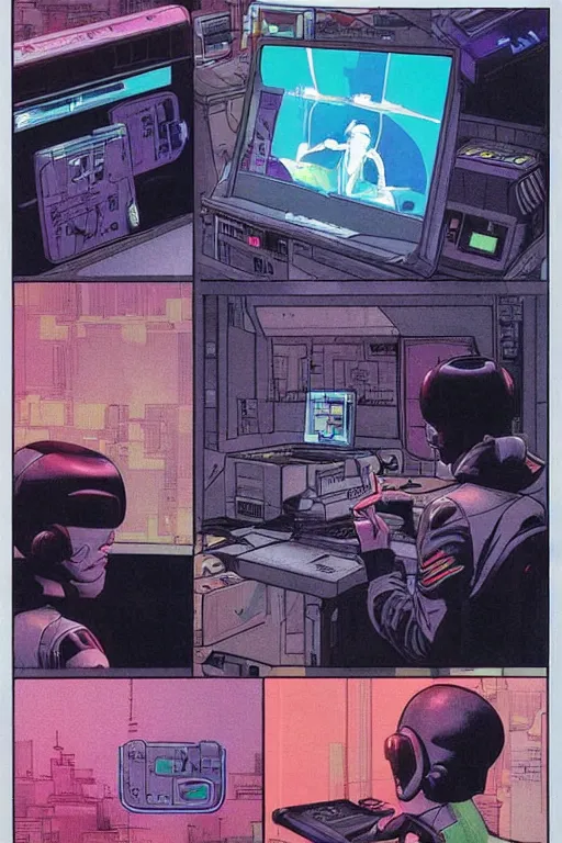 Image similar to a comic book illustration of an android interfacing with a computer console, the console is tall and imposing, there are many cables on the floor, bright screens, ghost in the shell, cyberpunk, neon colors, art by Moebius