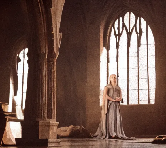 Prompt: Daenerys the Stormborn inside Hogwarts, film still, best shot, 8K