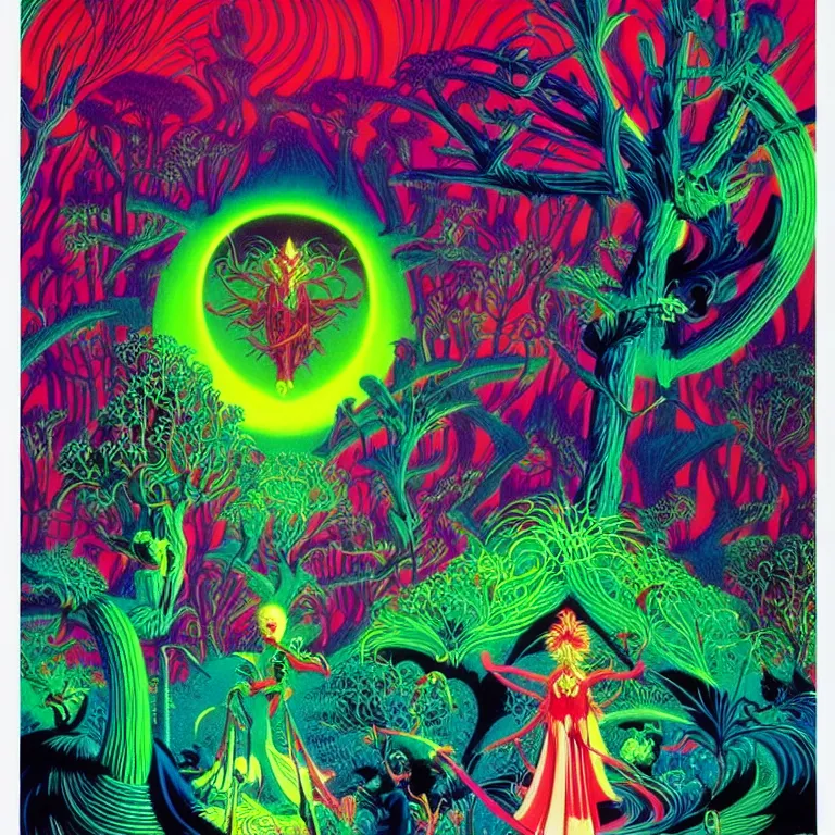 Image similar to strange holiday, synthwave, bright neon colors, highly detailed, cinematic, eyvind earle, tim white, philippe druillet, roger dean, ernst haeckel, lisa frank, aubrey beardsley, stanley kubrick
