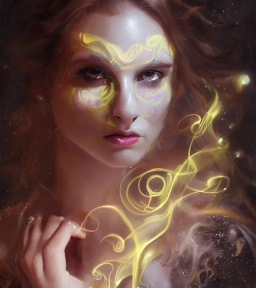 Prompt: lightpainting, diffuse lighting, fantasy, intricate wiccan facial lightpainting, elegant light, highly detailed, lifelike, photorealistic, digital painting, artstation, concept art, smooth, sharp focus, art by john collier, albert aublet, krenz cushart, artem demura, michael bosanko