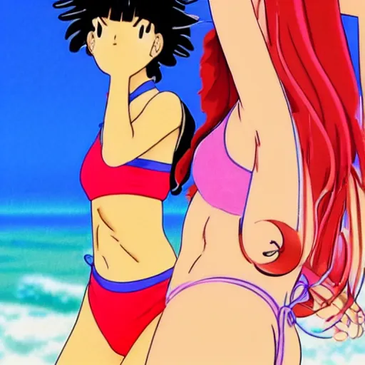 Prompt: two girls in swimsuits at the beach hugging, sprite, vaporwave nostalgia, directed by beat takeshi, visual novel cg, 8 0 s anime vibe, kimagure orange road, maison ikkoku, sketch by osamu tezuka, directed by makoto shinkai and beat takeshi