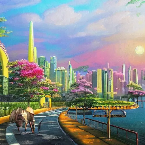 Image similar to Beautiful city of the future in harmony with nature. Nice colour scheme, soft warm colour. Beautiful detailed painting by Lurid. (2022)